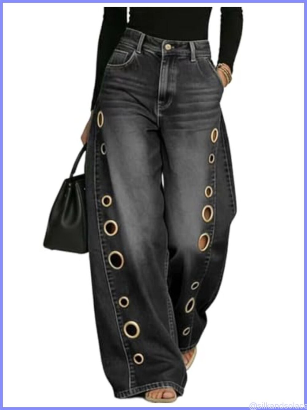 Women's Grommet Eyelet Wide Leg High Waisted Ripped Denim Jeans